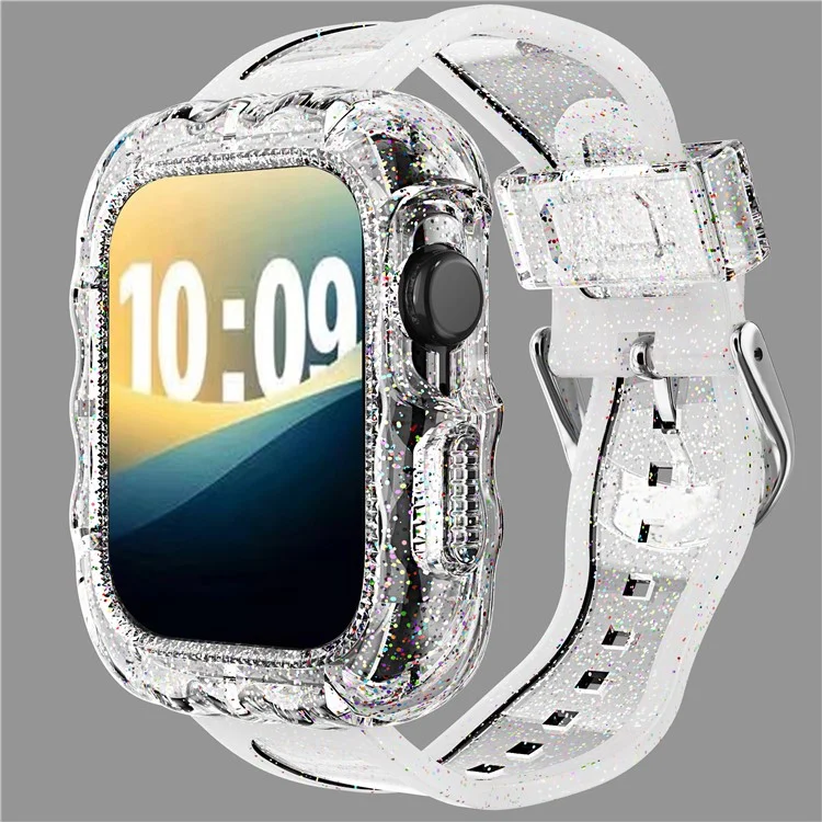 For Apple Watch Series 10 46mm Watch Case with Band Wave Pattern Integrated Watch Strap TPU Adjustable - White
