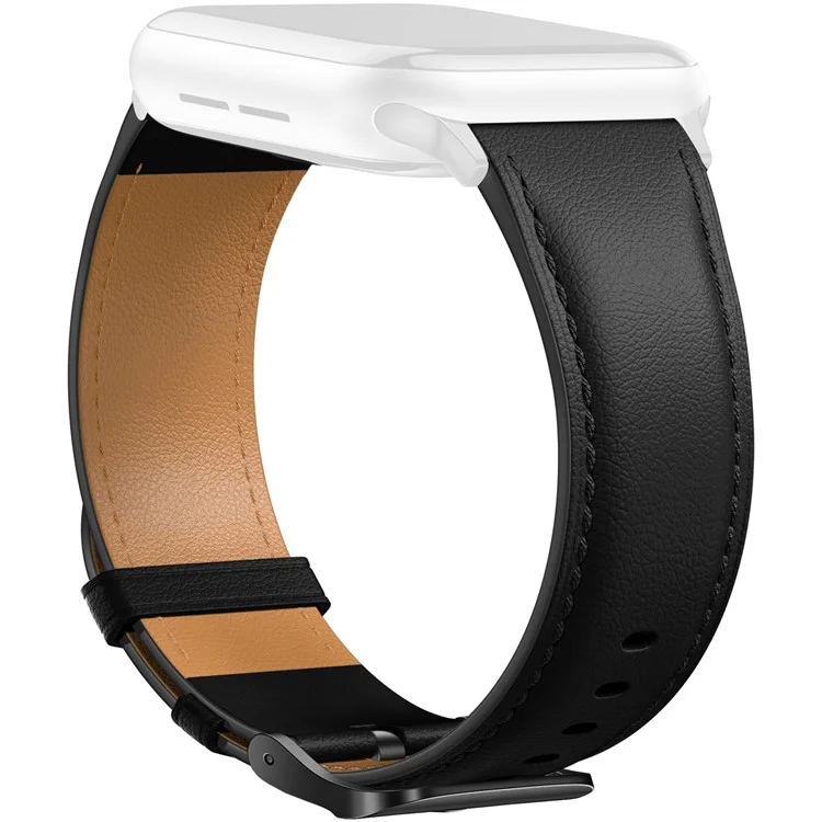 Cinturino in pelle per Apple Watch Series 10 Ultra 9 8 7 SE 6 5 4 3 2 1 da 46mm, 49mm, 45mm, 44mm, 42mm con fibbia placcata - Nero / Nero