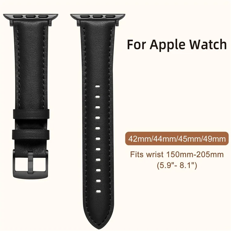 Cinturino in pelle per Apple Watch Series 10 Ultra 9 8 7 SE 6 5 4 3 2 1 da 46mm, 49mm, 45mm, 44mm, 42mm con fibbia placcata - Nero / Nero