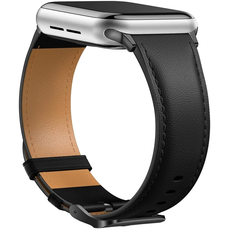 Cinturino in pelle per Apple Watch Series 10 Ultra 9 8 7 SE 6 5 4 3 2 1 da 46mm, 49mm, 45mm, 44mm, 42mm con fibbia placcata - Nero / Nero