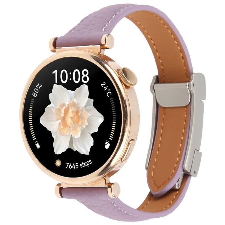 Cinturino in vera pelle di mucca da 22 mm per Huawei Watch GT 5 Pro 46 mm / GT 5 46 mm / GT 4 46 mm, texture a litchi, fibbia magnetica - Viola