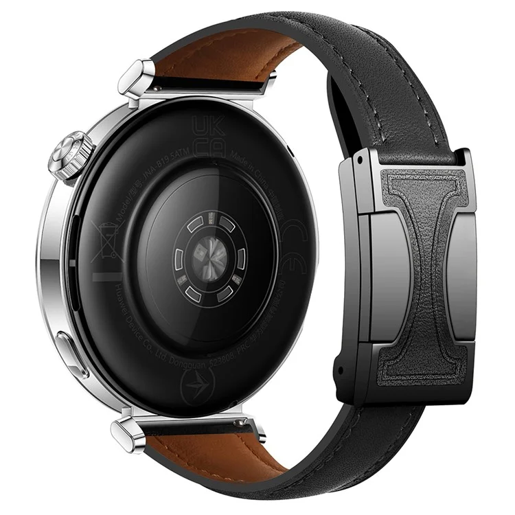 20mm Genuine Cow Leather Strap for Samsung Galaxy Watch7 44mm / 40mm / Huawei Watch GT 3 42mm Flat Texture Magnetic Watch Band - Black
