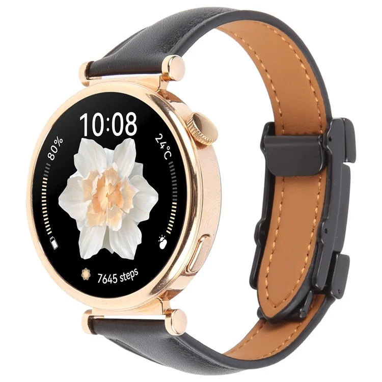 20mm Genuine Cow Leather Strap for Samsung Galaxy Watch7 44mm / 40mm / Huawei Watch GT 3 42mm Flat Texture Magnetic Watch Band - Black