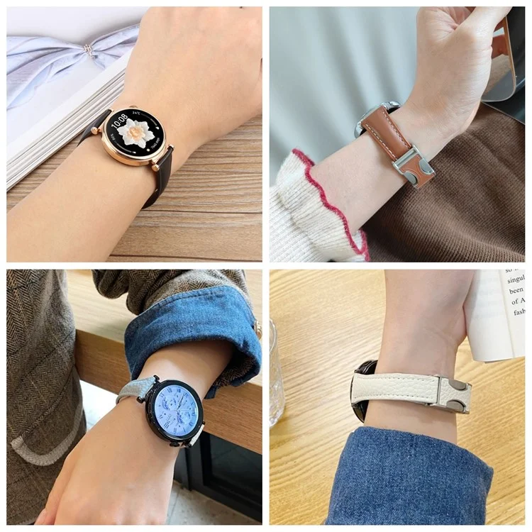 20mm Genuine Cow Leather Strap for Samsung Galaxy Watch7 44mm / 40mm / Huawei Watch GT 3 42mm Flat Texture Magnetic Watch Band - Black