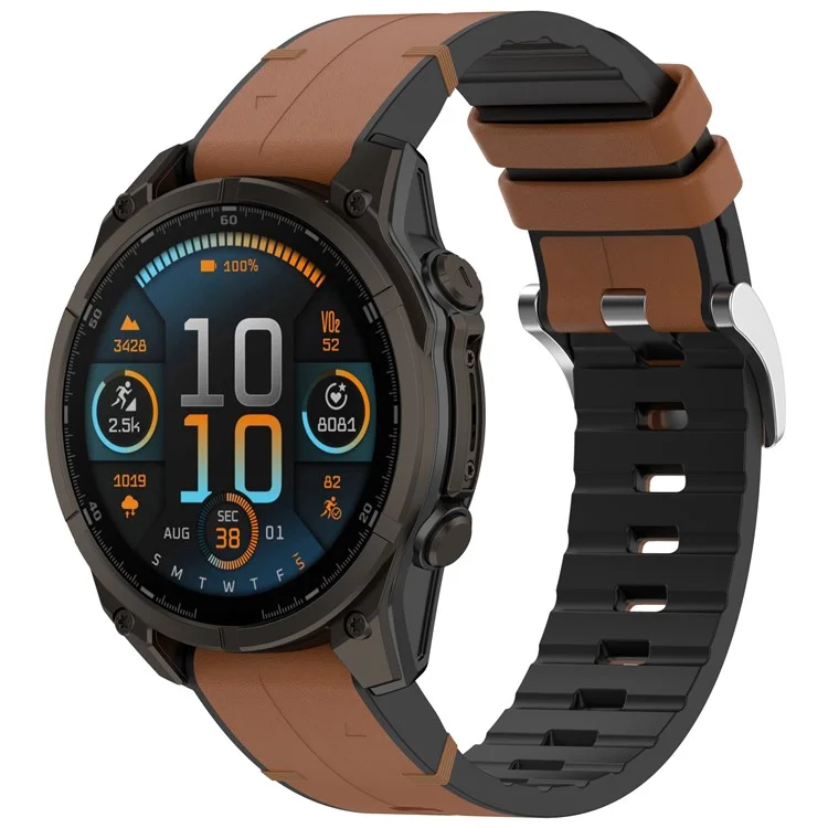 Pulseira de relógio de 22 mm para Garmin Fenix 8 47 mm / Fenix E 47 mm / Quatix 7 Pro, revestida de couro, silicone, ajustável em comprimento - Marrom