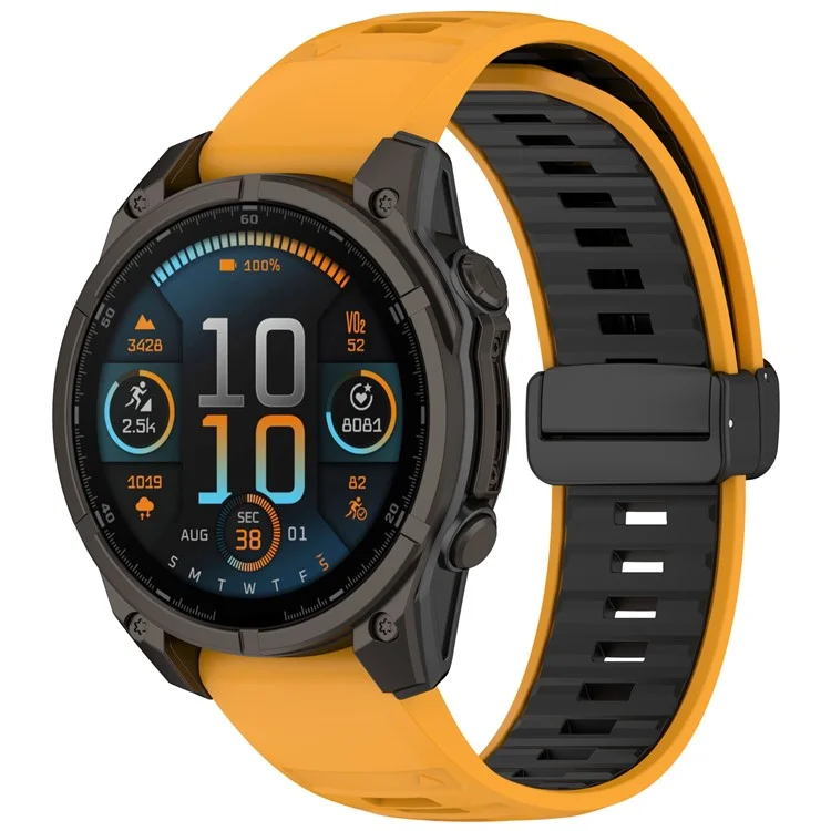 Pulseira de relógio de 22 mm para Garmin Fenix 8 47 mm / Fenix E 47 mm / Quatix 7 Pro, com fivela dobrável magnética e respirável de silicone - Laranja+Preto