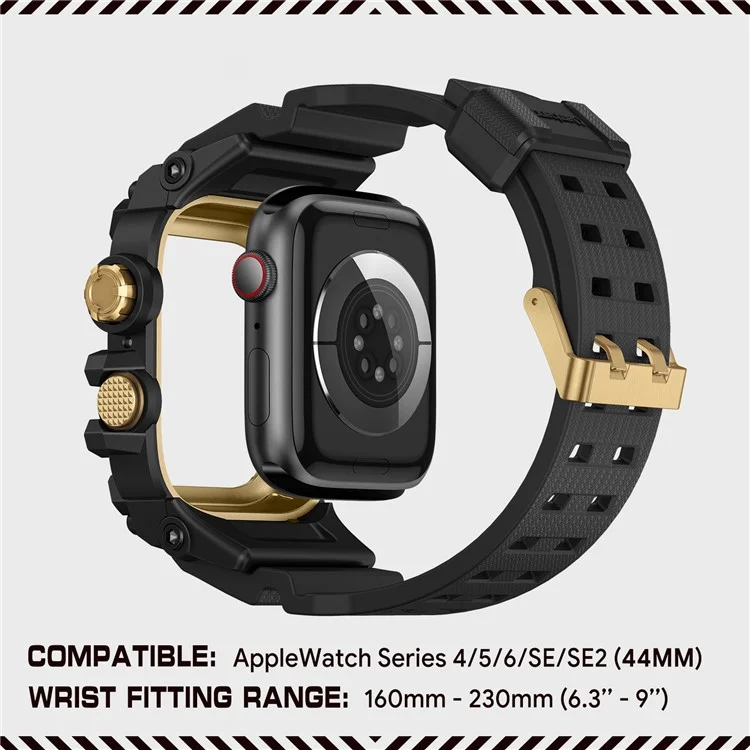 AMBAND Watch Band for Apple Watch SE (2023) / SE (2022) / SE / Series 6 / 5 / 4 44mm Bump Proof TPU Strap with Integrated Watch Case - Black  /  Gold