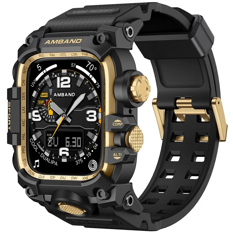 AMBAND Watch Band for Apple Watch Series 9 / 8 / 7 45mm Bump Proof TPU Strap with Integrated Watch Case - Black  /  Gold