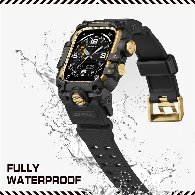 AMBAND Watch Band for Apple Watch Series 9 / 8 / 7 45mm Bump Proof TPU Strap with Integrated Watch Case - Black  /  Gold