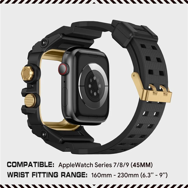AMBAND Watch Band for Apple Watch Series 9 / 8 / 7 45mm Bump Proof TPU Strap with Integrated Watch Case - Black  /  Gold