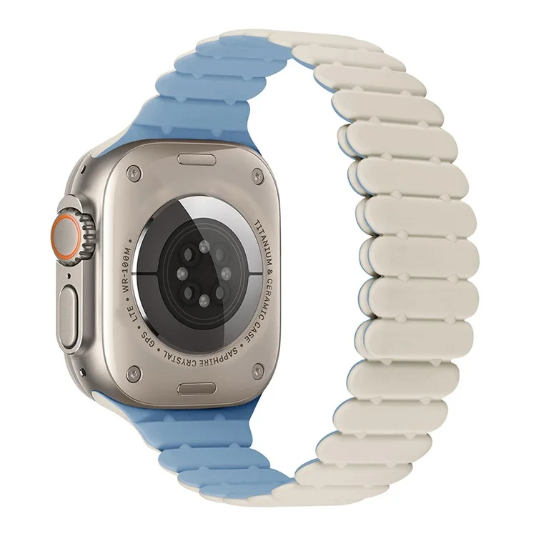 Cinturino magnetico in silicone KALEBOL per Apple Watch Series 10 Ultra 9 8 7 SE 6 5 4 3 2 1 da 46 mm, 49 mm, 45 mm, 44 mm, cinturino per orologio con giunto in bambù - Bianco + Azzurro Nebbioso