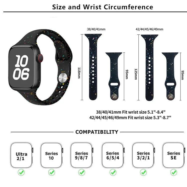 Pulseira de silicone KALEBOL para Apple Watch Series 10 9 8 7 SE 6 5 4 3 2 1 42mm 41mm 40mm 38mm, com flocos coloridos - Rosa quente