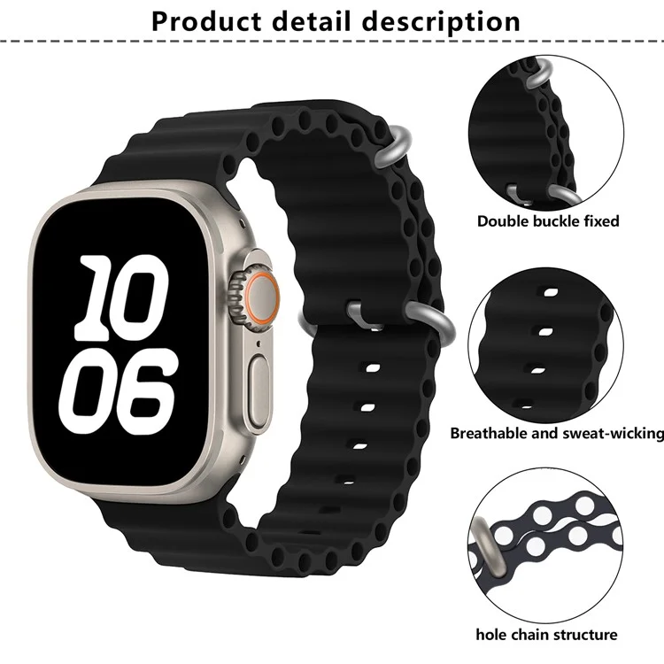 Cinturino in silicone per Apple Watch Series 10 9 8 7 SE 6 5 4 3 2 1 da 42 mm, 41 mm, 40 mm, 38 mm KALEBOL Ocean - Nero