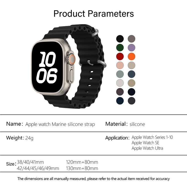 Cinturino in silicone per Apple Watch Series 10 9 8 7 SE 6 5 4 3 2 1 da 42 mm, 41 mm, 40 mm, 38 mm KALEBOL Ocean - Nero