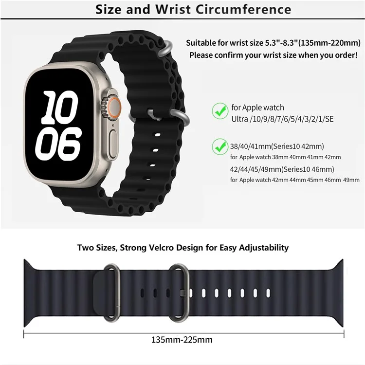 Cinturino in silicone per Apple Watch Series 10 9 8 7 SE 6 5 4 3 2 1 da 42 mm, 41 mm, 40 mm, 38 mm KALEBOL Ocean - Nero