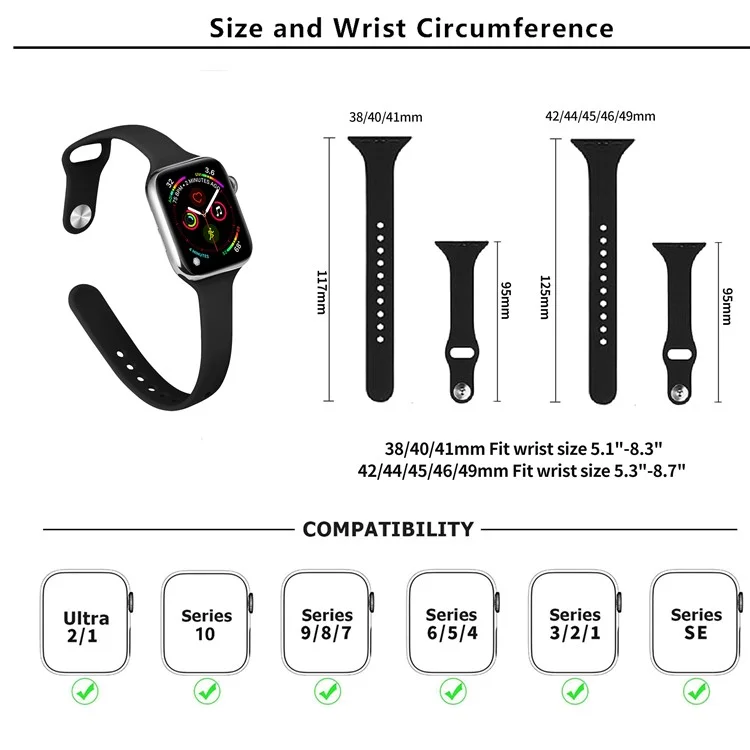 Cinturino in silicone KALEBOL per Apple Watch Serie 10 9 8 7 SE 6 5 4 3 2 1 da 42 mm, 41 mm, 40 mm, 38 mm - Nero