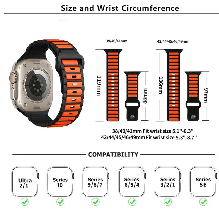 KALEBOL Silicone Watch Strap for Apple Watch Series 10 9 8 7 SE 6 5 4 3 2 1 42mm 41mm 40mm 38mm Dual Color Strap - Orange+Black