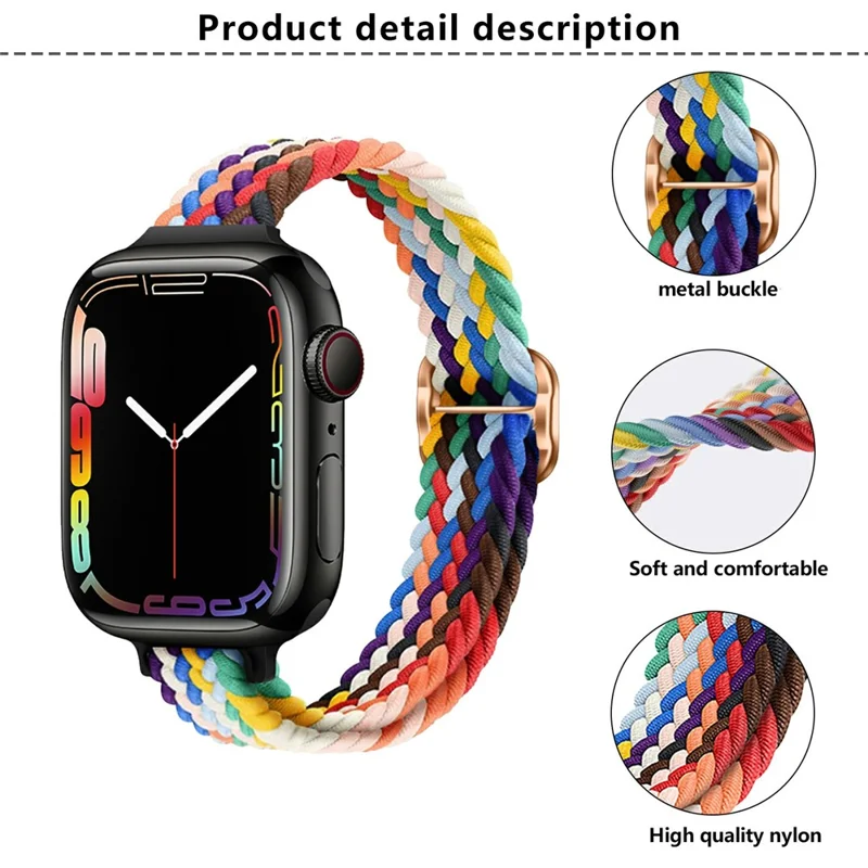 Pulseira trançada KALEBOL para Apple Watch Series 10 9 8 7 SE 6 5 4 3 2 1 42mm 41mm 40mm 38mm, Cinta elástica de nylon - Arco-íris