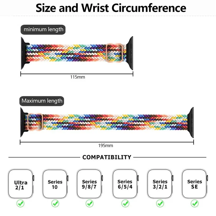KALEBOL gewebtes Armband für Apple Watch Series 10 Ultra 9 8 7 SE 6 5 4 3 2 1 46mm 49mm 45mm 44mm 42mm, elastischer Nylonriemen - Regenbogen