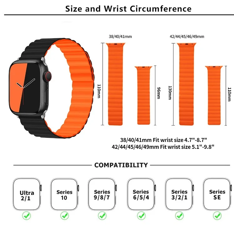 Pulseira magnética KALEBOL para Apple Watch Series 10 Ultra 9 8 7 SE 6 5 4 3 2 1 46mm 49mm 45mm 44mm 42mm - Preta Laranja