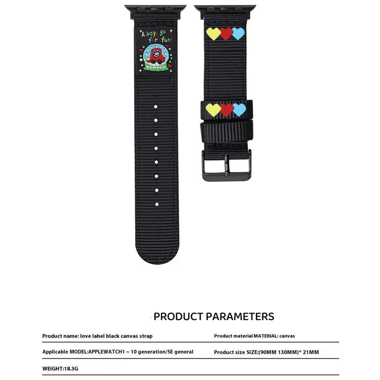 Холщовый ремешок для Apple Watch Series 10 9 8 7 SE 6 5 4 3 2 1 42 мм 41 мм 40 мм 38 мм - Черный