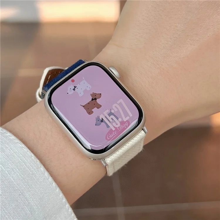 Bracelet de montre en couleur pour Apple Watch Série 10 9 8 7 SE 6 5 4 3 2 1 42mm 41mm 40mm 38mm Suède + Denim - Blanc + Rouge