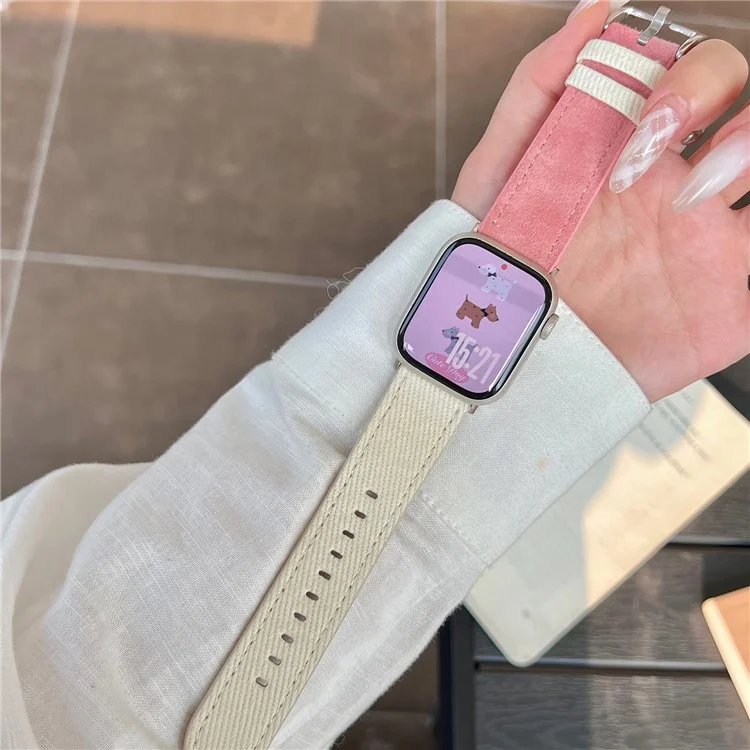 Bracelet de montre en couleur pour Apple Watch Série 10 9 8 7 SE 6 5 4 3 2 1 42mm 41mm 40mm 38mm Suède + Denim - Blanc + Rouge