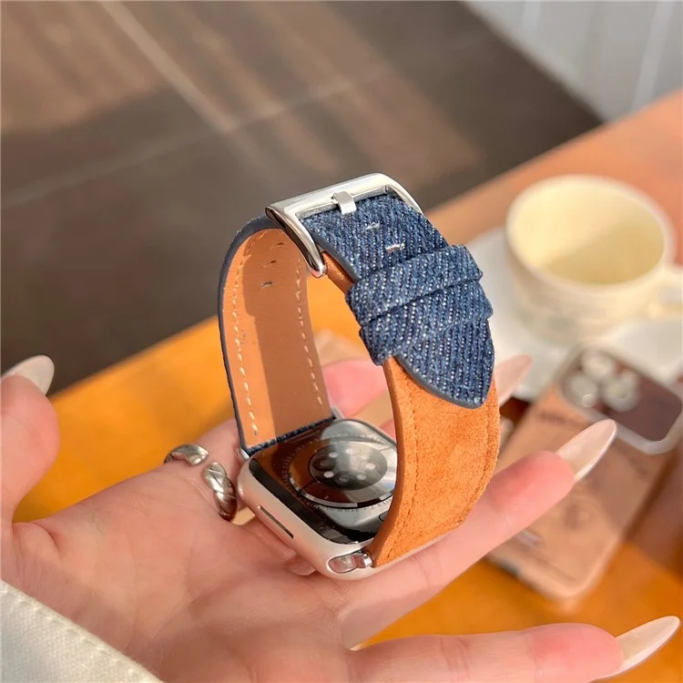 Bracelet de montre en couleur pour Apple Watch Série 10 9 8 7 SE 6 5 4 3 2 1 42mm 41mm 40mm 38mm Suède + Denim - Blanc + Rouge