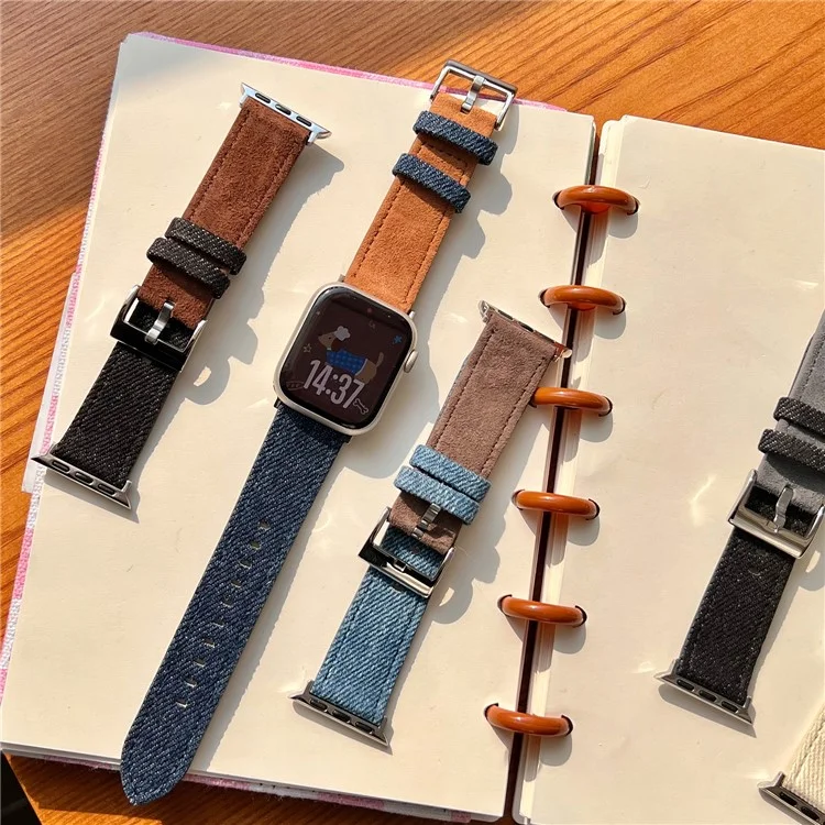 Bracelet de montre en couleur pour Apple Watch Série 10 9 8 7 SE 6 5 4 3 2 1 42mm 41mm 40mm 38mm Suède + Denim - Blanc + Rouge