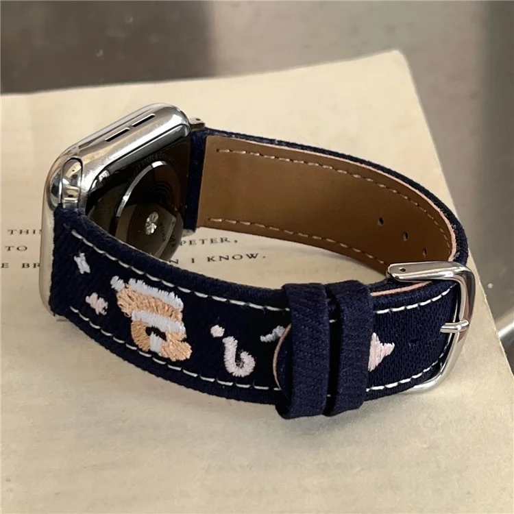 Джинсовый ремешок для часов Apple Watch Series 10 9 8 7 SE 6 5 4 3 2 1 42 мм 41 мм 40 мм 38 мм с вышивкой в виде собачьей звезды - темно-синий