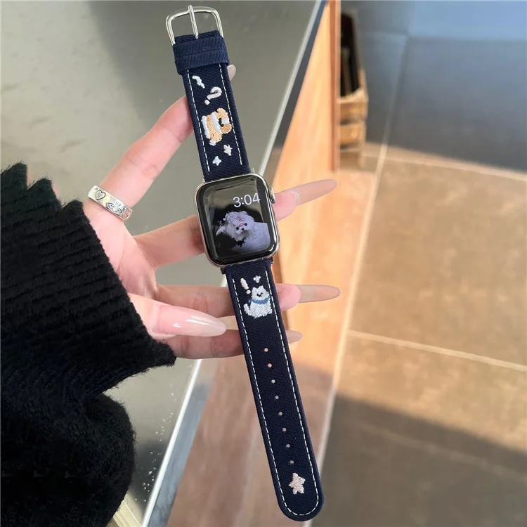Джинсовый ремешок для часов Apple Watch Series 10 9 8 7 SE 6 5 4 3 2 1 42 мм 41 мм 40 мм 38 мм с вышивкой в виде собачьей звезды - темно-синий