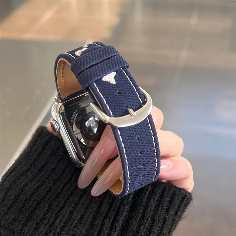 Джинсовый ремешок для часов Apple Watch Series 10 9 8 7 SE 6 5 4 3 2 1 42 мм 41 мм 40 мм 38 мм с вышивкой в виде собачьей звезды - темно-синий