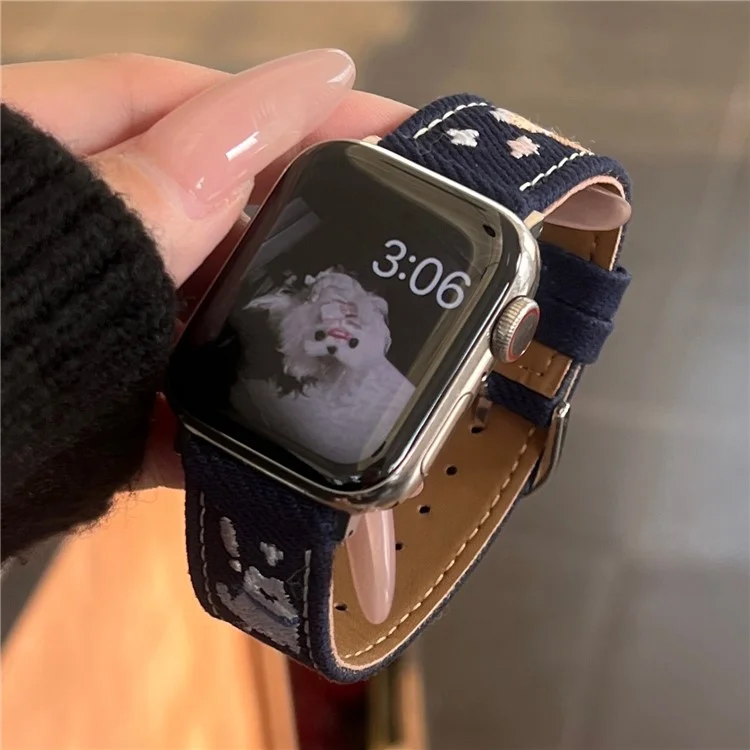 Джинсовый ремешок для часов Apple Watch Series 10 9 8 7 SE 6 5 4 3 2 1 42 мм 41 мм 40 мм 38 мм с вышивкой в виде собачьей звезды - темно-синий
