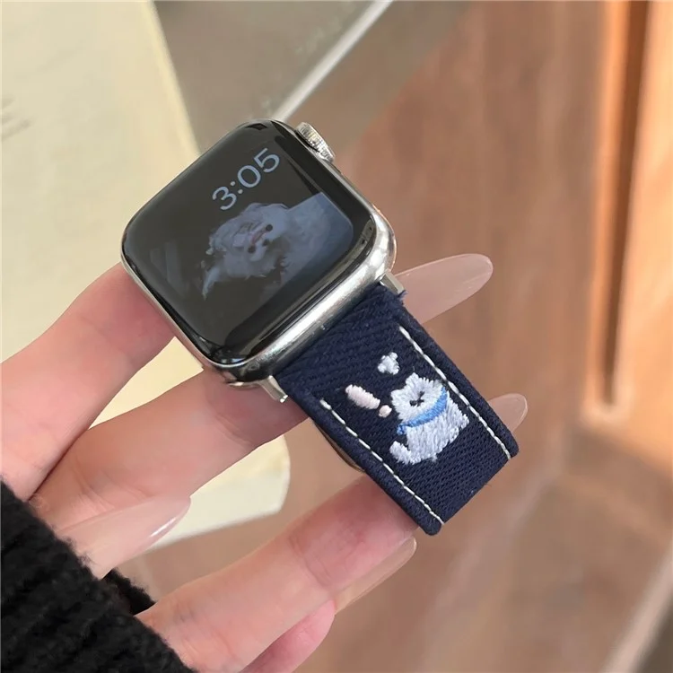 Джинсовый ремешок для часов Apple Watch Series 10 9 8 7 SE 6 5 4 3 2 1 42 мм 41 мм 40 мм 38 мм с вышивкой в виде собачьей звезды - темно-синий