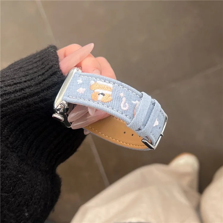 Pulseira de relógio de jeans para Apple Watch Series 10 Ultra 9 8 7 SE 6 5 4 3 2 1 46mm 49mm 45mm 44mm 42mm - Estrela de cachorro bordada - Azul