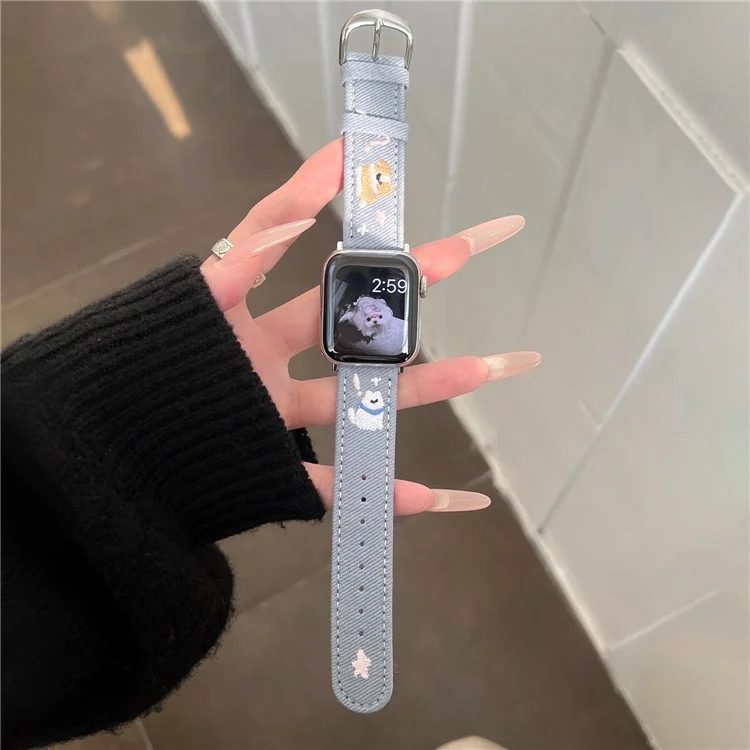 Pulseira de relógio de jeans para Apple Watch Series 10 Ultra 9 8 7 SE 6 5 4 3 2 1 46mm 49mm 45mm 44mm 42mm - Estrela de cachorro bordada - Azul