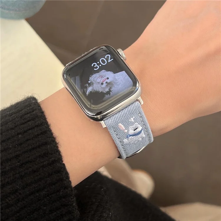 Pulseira de relógio de jeans para Apple Watch Series 10 Ultra 9 8 7 SE 6 5 4 3 2 1 46mm 49mm 45mm 44mm 42mm - Estrela de cachorro bordada - Azul