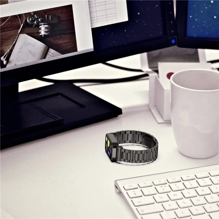 Para Xiaomi Smart Band 9 Active / Redmi Band 3 Caja de reloj con marco de metal Correa integrada de acero inoxidable de tres cuentas - Negro