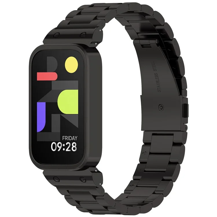 Para Xiaomi Smart Band 9 Active / Redmi Band 3 Caja de reloj con marco de metal Correa integrada de acero inoxidable de tres cuentas - Negro