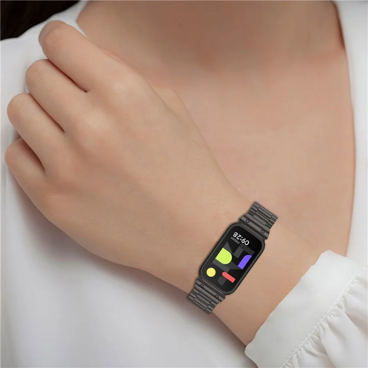 Para Xiaomi Smart Band 9 Active / Redmi Band 3 Caja de reloj con marco de metal Correa integrada de acero inoxidable de tres cuentas - Negro