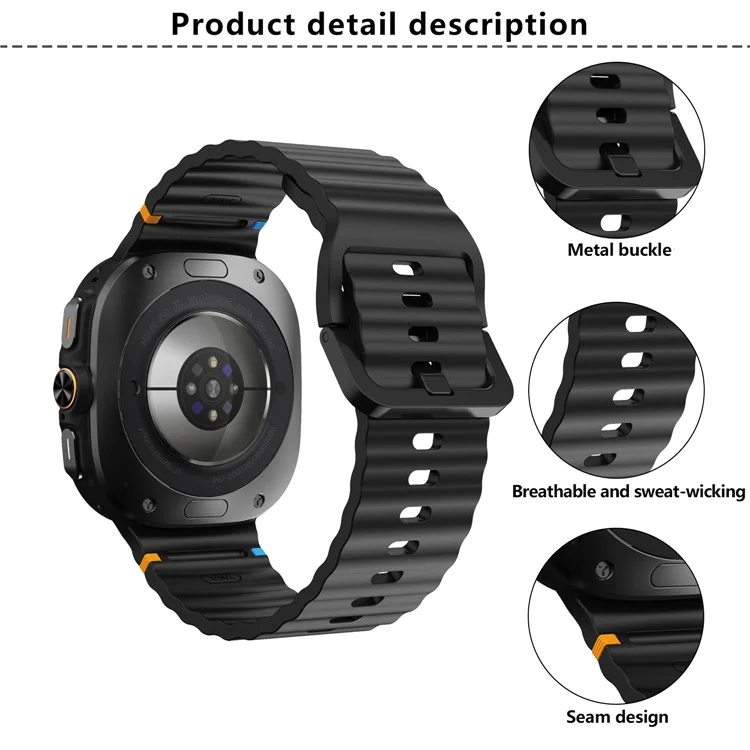 KALEBOL Per Samsung Galaxy Watch Ultra 47mm Cinturino in silicone per orologio Strap regolabile a punto onda - Nero
