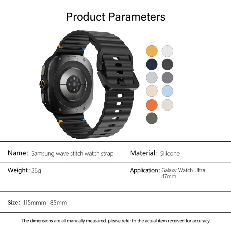 KALEBOL Per Samsung Galaxy Watch Ultra 47mm Cinturino in silicone per orologio Strap regolabile a punto onda - Nero