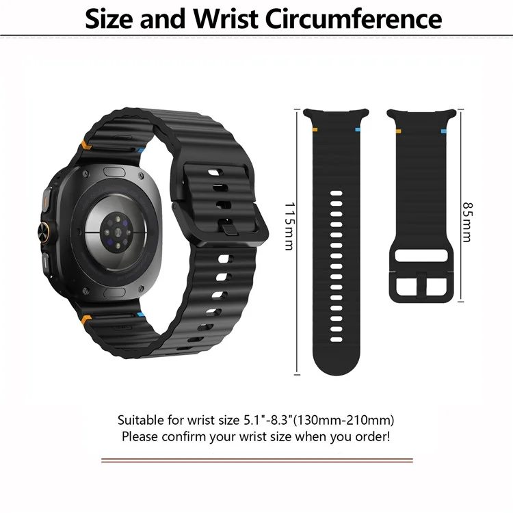KALEBOL Per Samsung Galaxy Watch Ultra 47mm Cinturino in silicone per orologio Strap regolabile a punto onda - Nero