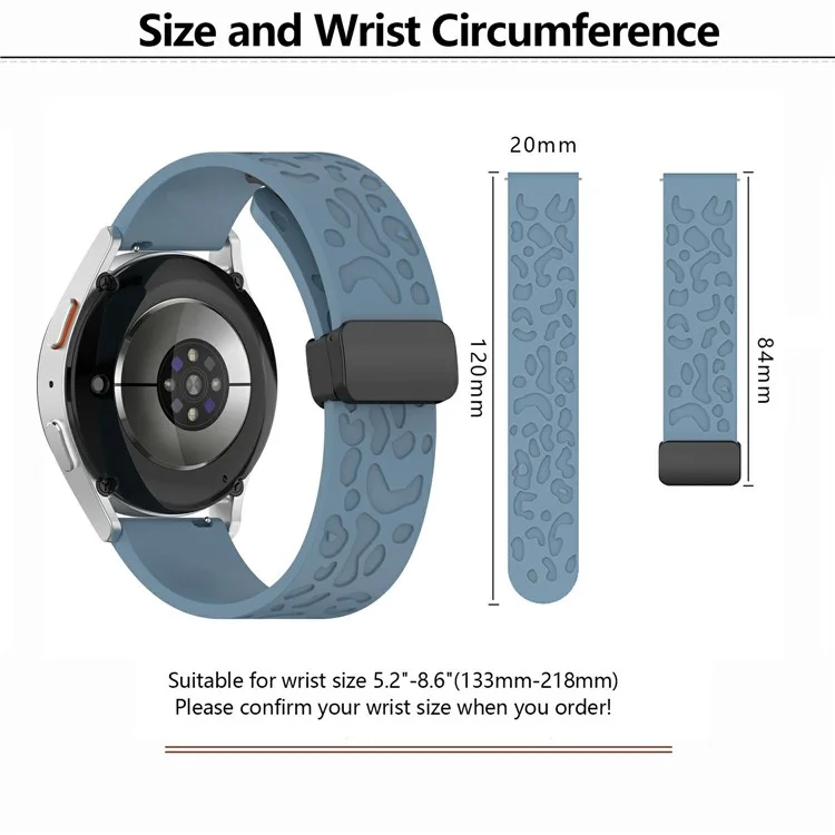 KALEBOL 20mm Magnetic Silicone Strap for Samsung Galaxy Watch6 Classic 47mm / 43mm / Huawei Watch GT 3 Pro 43mm Leopard Print Watch Band - Cyan
