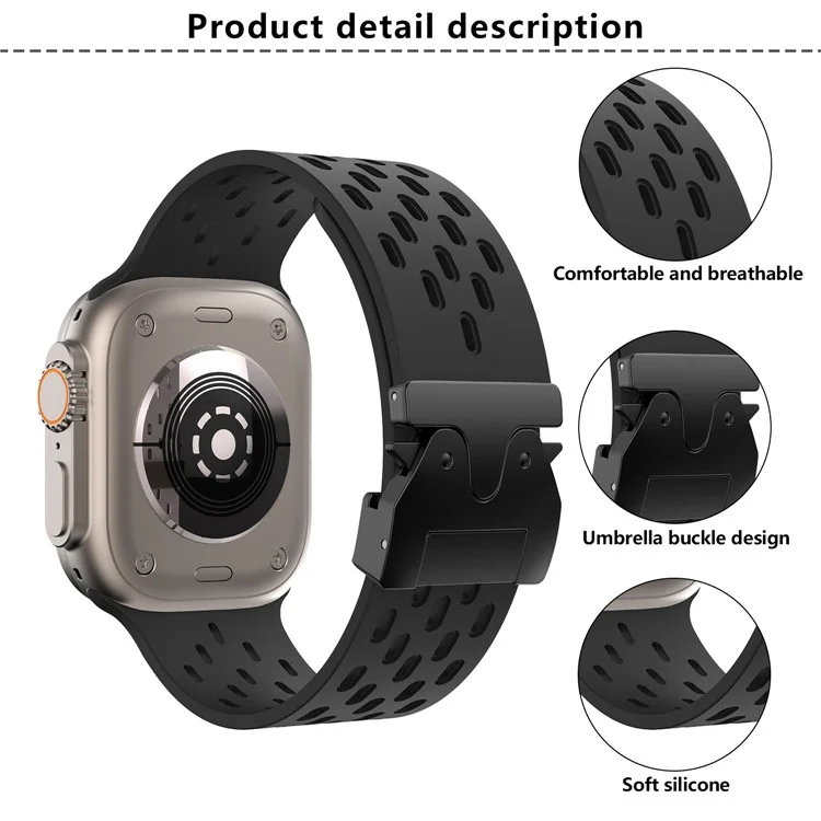 Cinturino per orologio KALEBOL per Apple Watch Series 10 Ultra 9 8 7 SE 6 5 4 3 2 1 46mm 49mm 45mm 44mm 42mm, cinturino in silicone forato con fibbia nera - Nero