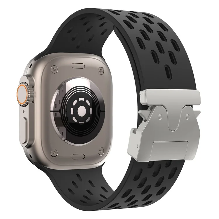 KALEBOL Silikonarmband für Apple Watch Series 10 Ultra 9 8 7 SE 6 5 4 3 2 1 46mm 49mm 45mm 44mm 42mm mit hohlem Riemen und Silberschnalle - Schwarz