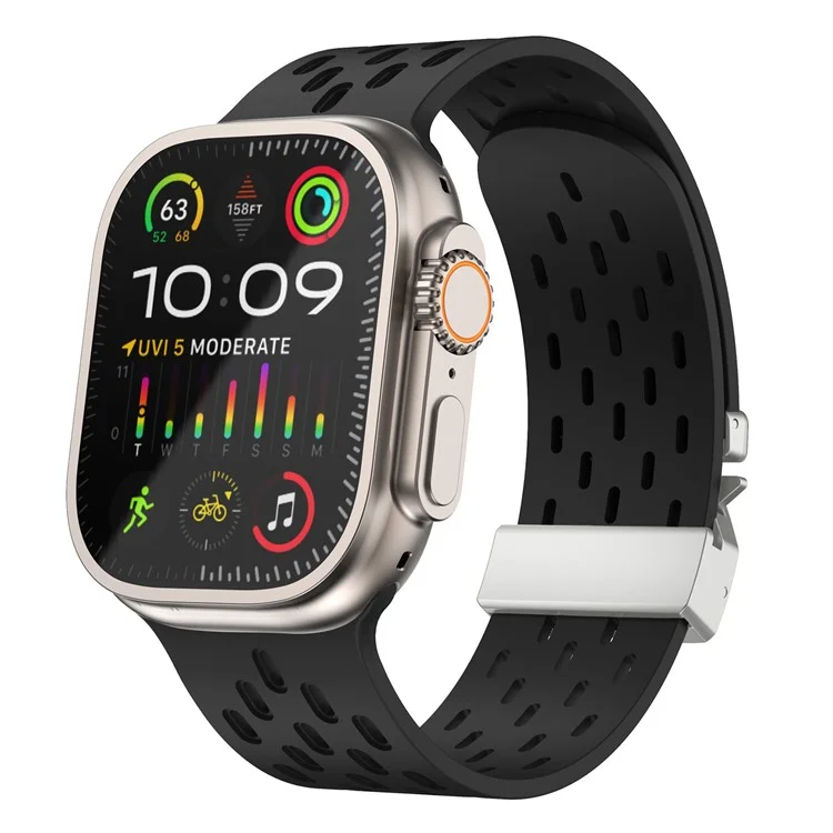 KALEBOL Silikonarmband für Apple Watch Series 10 Ultra 9 8 7 SE 6 5 4 3 2 1 46mm 49mm 45mm 44mm 42mm mit hohlem Riemen und Silberschnalle - Schwarz