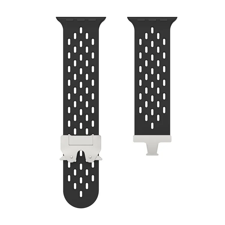 KALEBOL Silikonarmband für Apple Watch Series 10 Ultra 9 8 7 SE 6 5 4 3 2 1 46mm 49mm 45mm 44mm 42mm mit hohlem Riemen und Silberschnalle - Schwarz