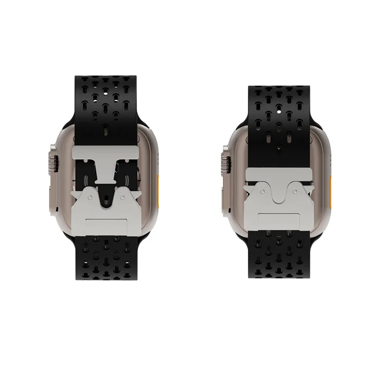 KALEBOL Silikonarmband für Apple Watch Series 10 Ultra 9 8 7 SE 6 5 4 3 2 1 46mm 49mm 45mm 44mm 42mm mit hohlem Riemen und Silberschnalle - Schwarz