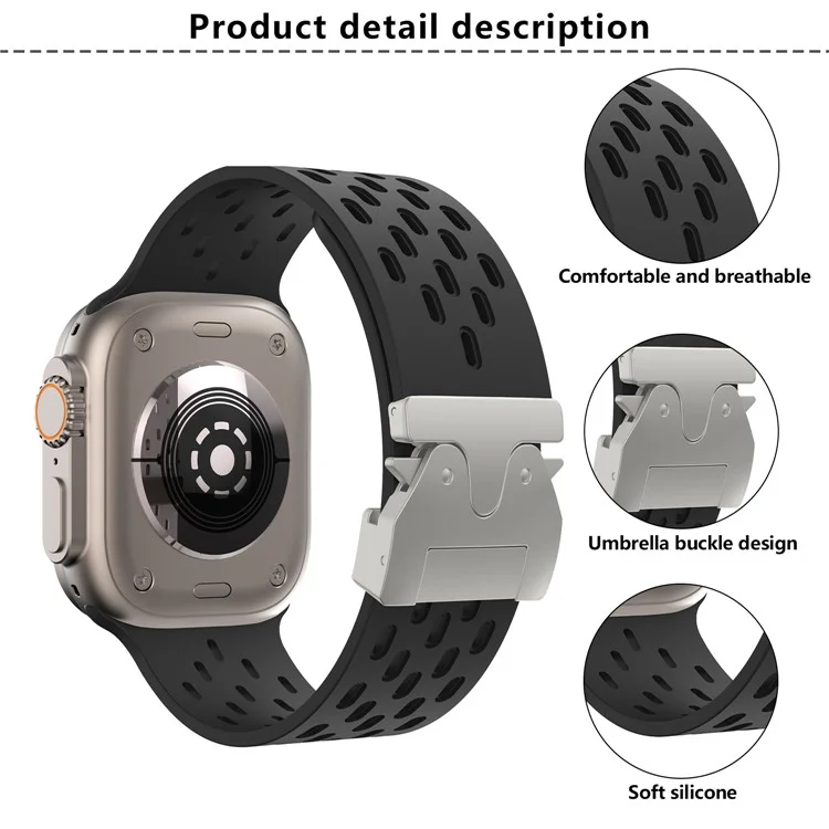 KALEBOL Silikonarmband für Apple Watch Series 10 Ultra 9 8 7 SE 6 5 4 3 2 1 46mm 49mm 45mm 44mm 42mm mit hohlem Riemen und Silberschnalle - Schwarz
